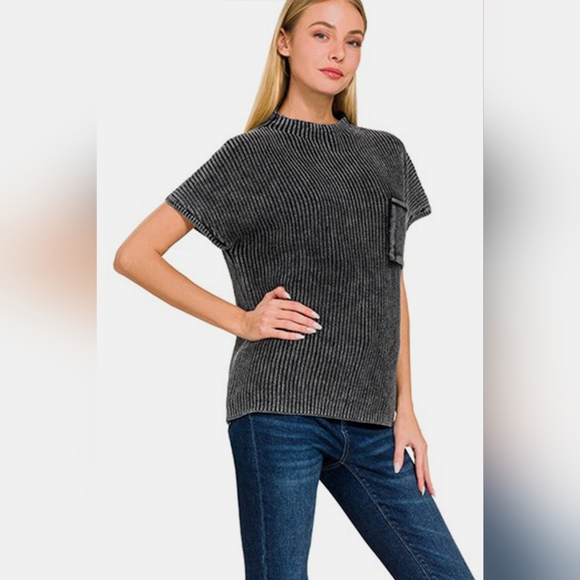 Zenana Pocketed Mock Neck Short Sleeve Sweater - Picture 3 of 6